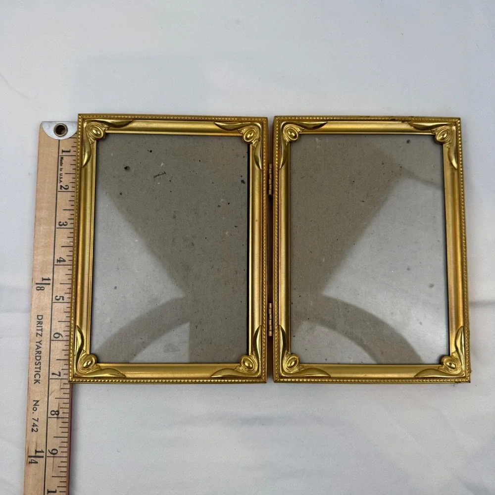 Vintage Gold Tone Metal Double Folding Picture Frame Ornate Bifold 5x7 Portrait
